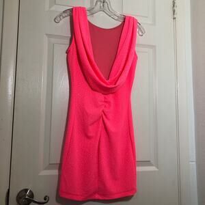 Barbie Bodycon Dress Pink Doll Glitter SEXY Slouch Neck Ruche SZ S